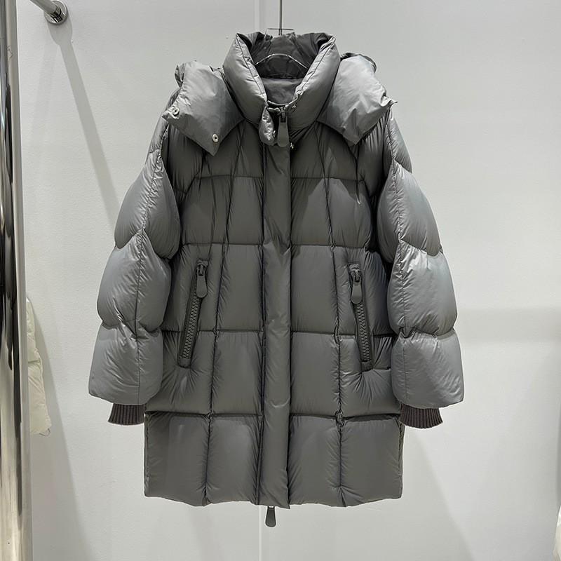 Womens Mid-Length Hooded Puffer Coat With 86-90% White Duck Down Warm Thick Winter Outerwear Loose Fit Elegant Commuter Style