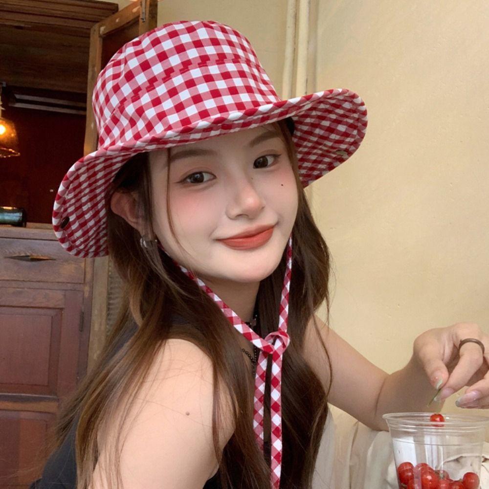 Japanese Y2k Fishmen Hat Lattice Bucket Hat Spring Wide Brim Sun Hat  Travel