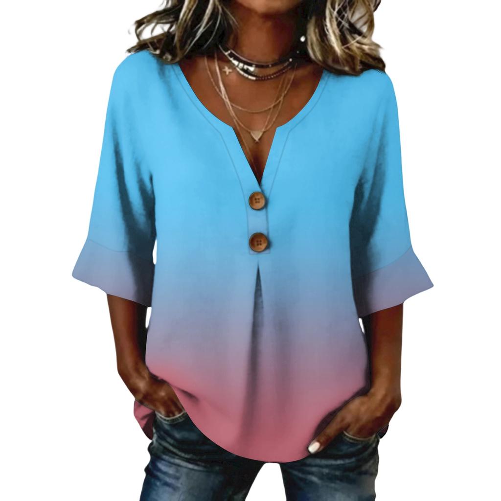 Ladies' gradient printed button casual V-neck fashionable seven quarter sleeve top