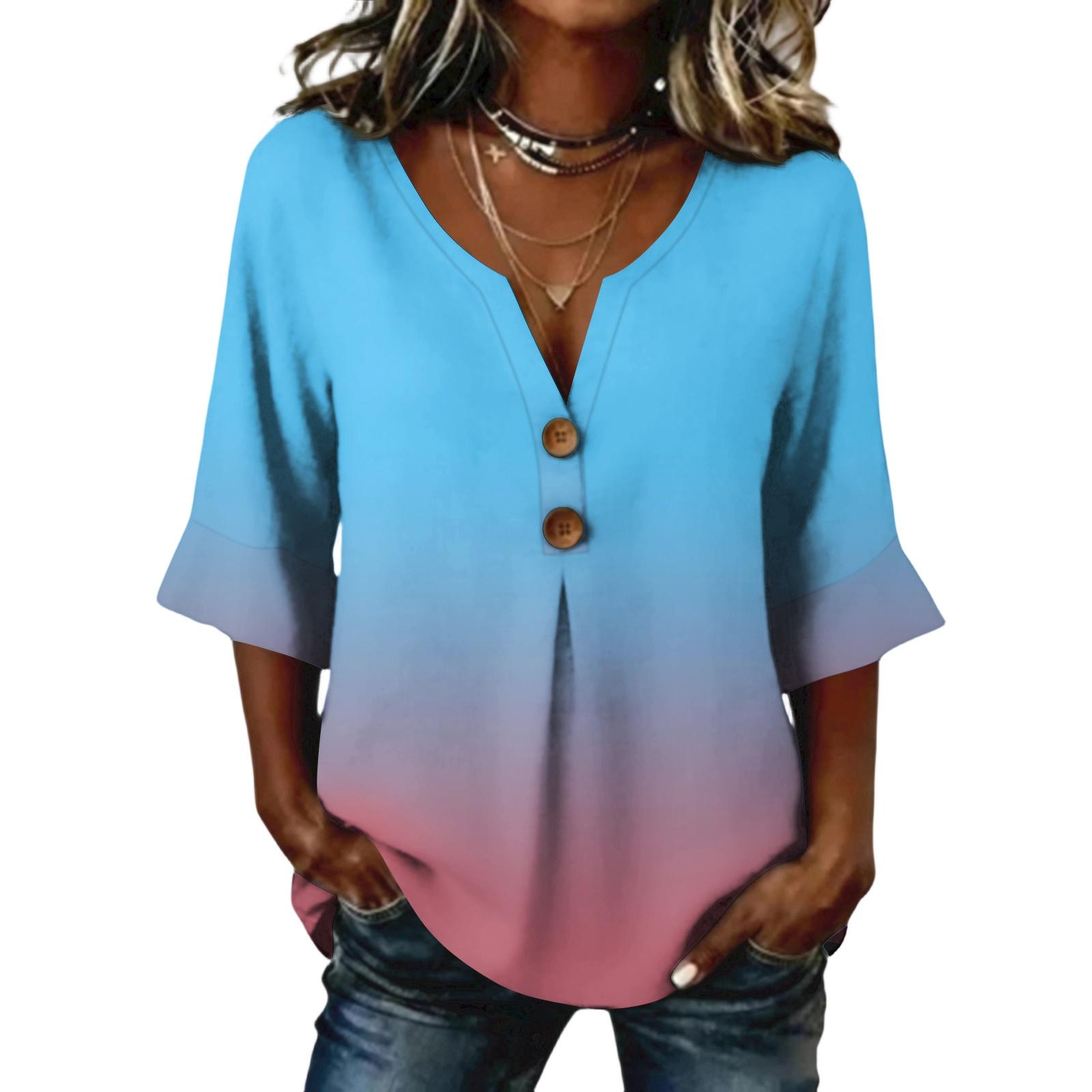 Ladies  gradient printed button casual V-neck fashionable seven quarter sleeve top L синий