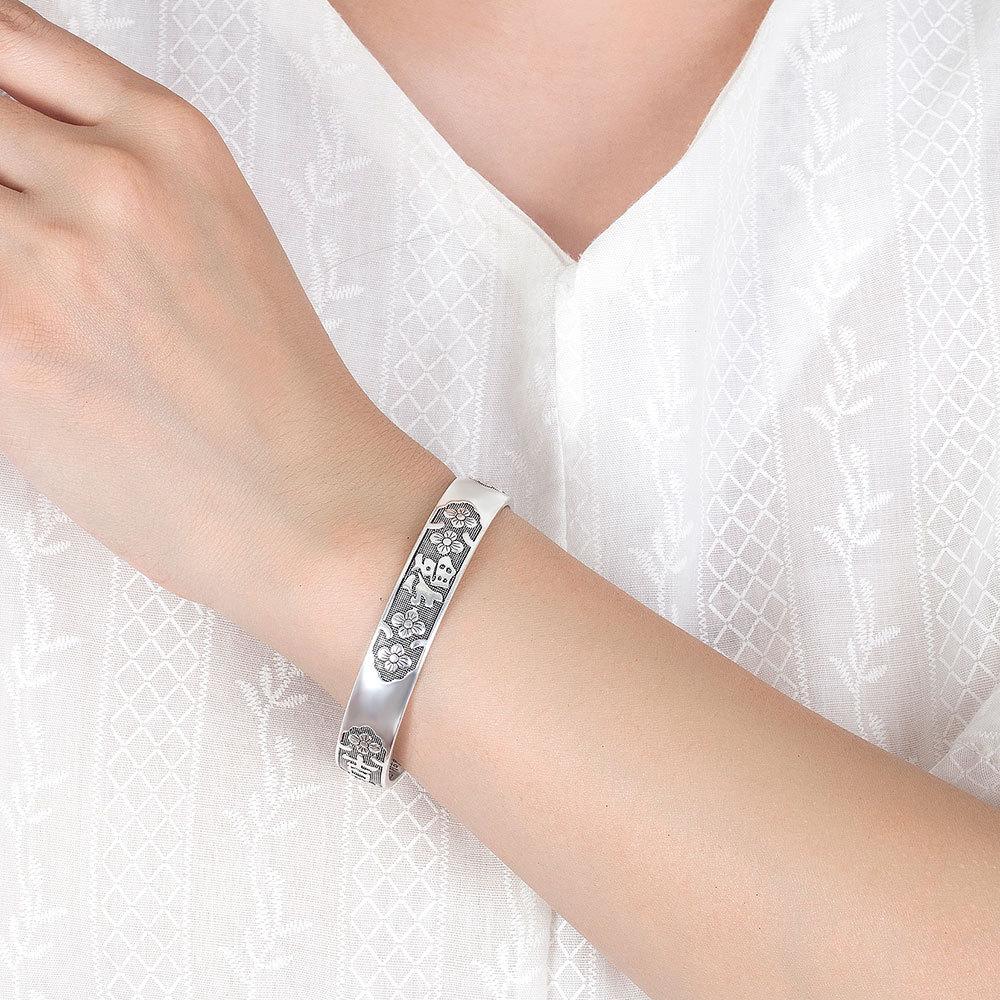 Imitation Thai Silver Handmade Jewelry, Women's Palace Retro Auspicious and Auspicious Heart Scripture, Buddhist Language Bracelet, Flower Bracelet