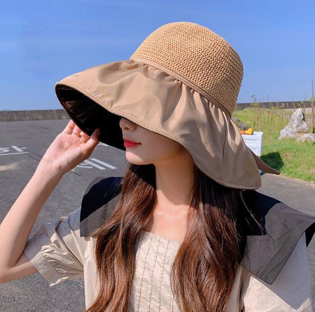 Women's Black Anti-UV Wide Brim Sun Hat with Face Shield