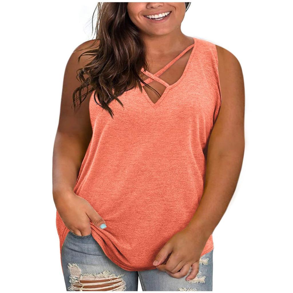 New Plus Size Women's Combed Cotton V Neck Sleeveless T-shirt, Loose Casual Pullover Top for Women European American Style