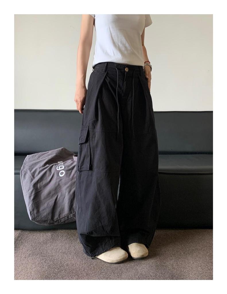 Unisex Summer Retro Wide-Leg Cargo Pants with Drawstring
