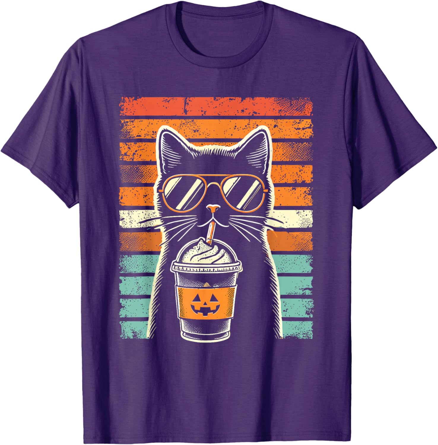Black Cat Pumpkin Spice Latte Hipster Graphic Tee Retro Distressed TShirt Casual S