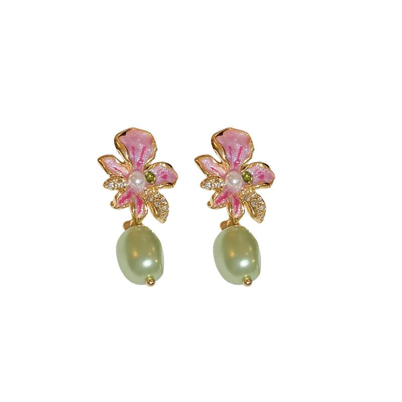 Imitation Pearl Stud Earrings for Women Oil-dripping Flower Drop Earring Vintage Rhinestones Jewelry Accessory