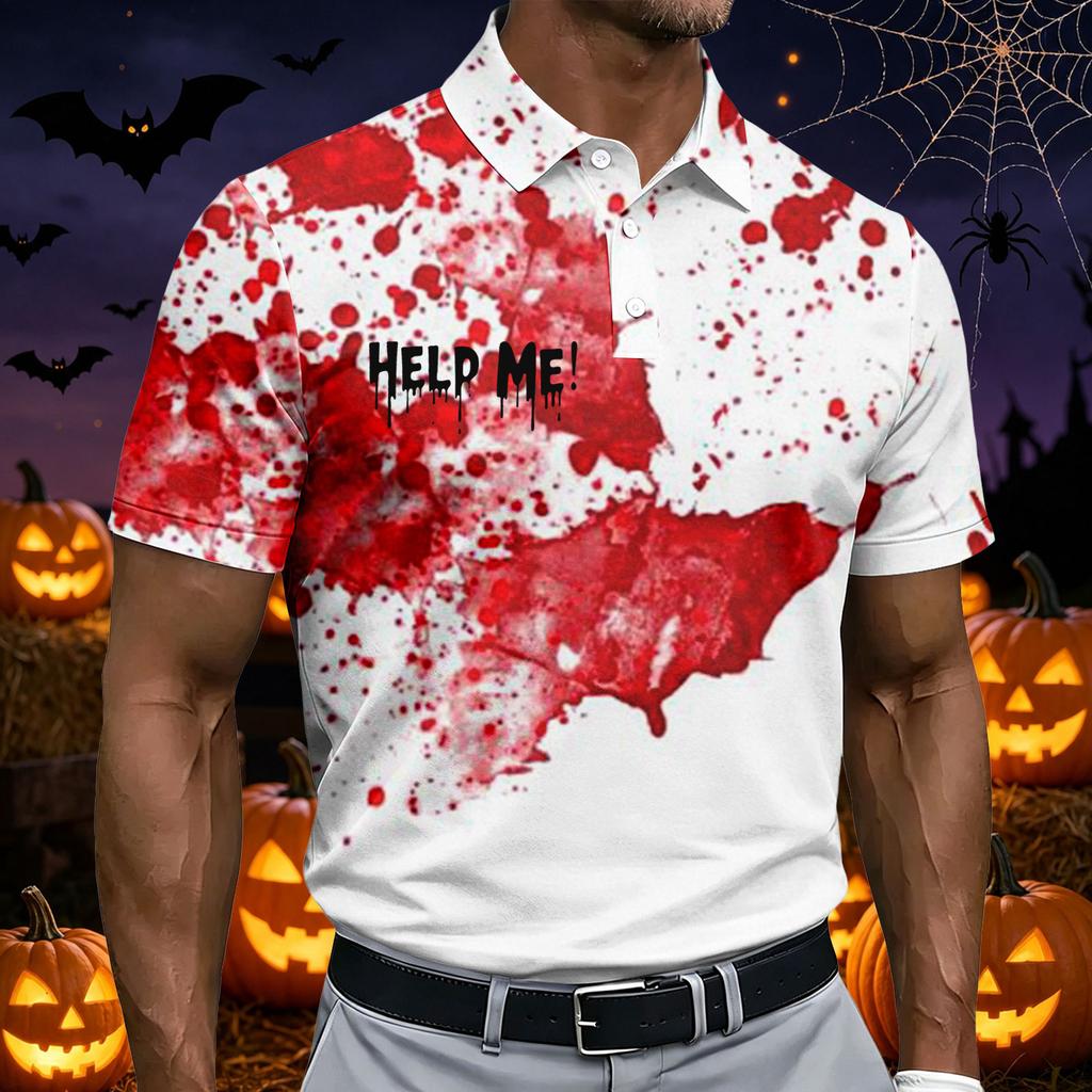 Men's Short Sleeve Halloween Themed Printed Polo Shirt with Handprint and Letter Pattern Casual Summer Top for Parties and Events