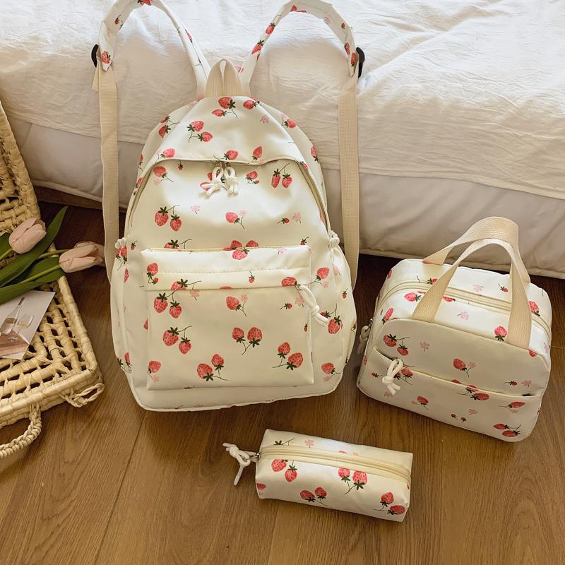 Cute Strawberry Pattern Backpack Set 3Pcs Handbag&pencil Case Reinforced Nylon Dual Zipper School Essentials Lightweight Commute