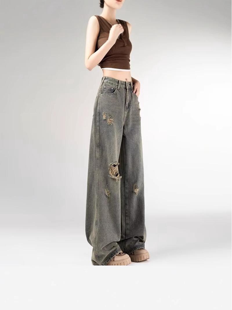 

Women s High-Waisted Retro Ripped Straight-Leg Jeans - Spring/Summer Versatile Wide-Leg Pants S