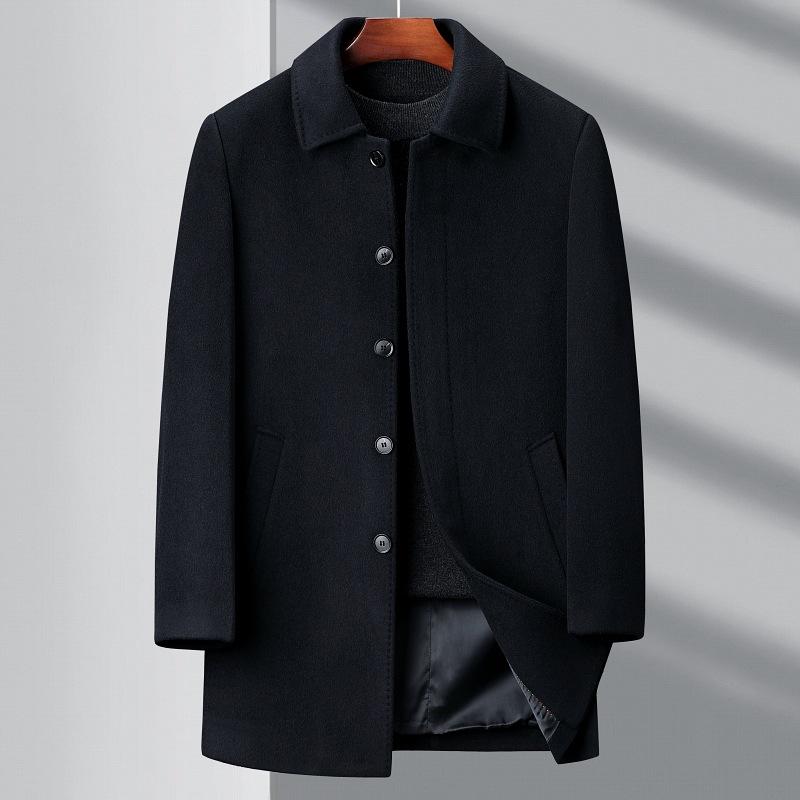 Middle-aged and Elderly Button Cashmere Coat Men's Medium-length Autumn and Winter Thickened Daddy Woolen Woolen Windbreaker Lapel Coat