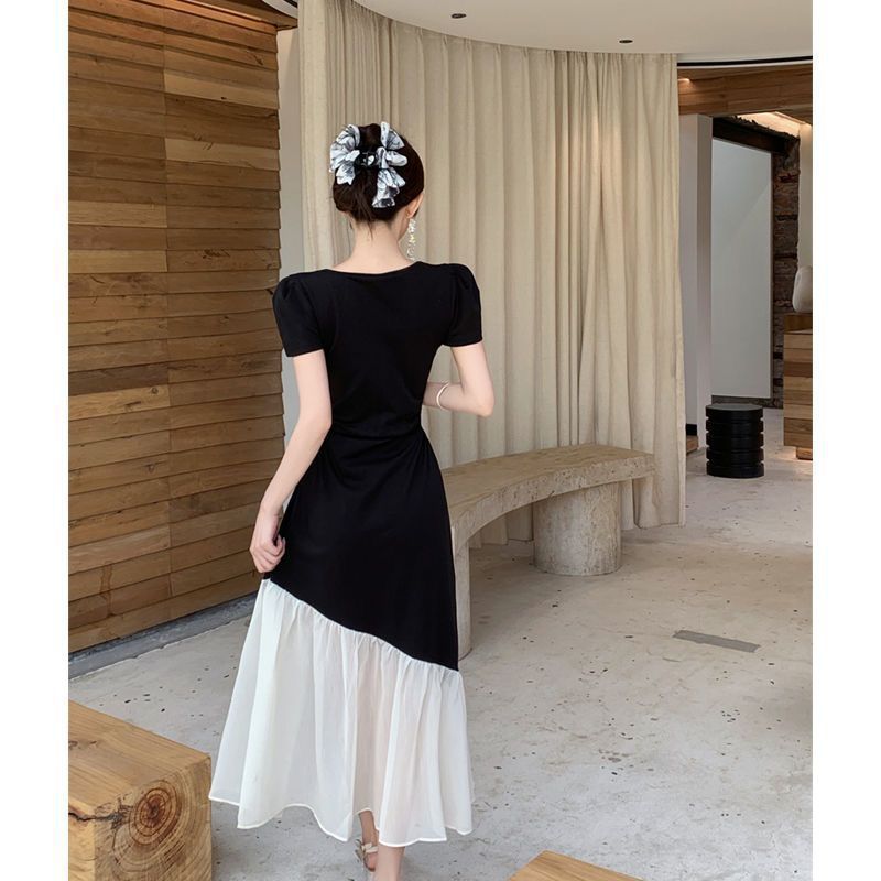 Large size short-sleeved dress for women's summer waist and thin splicing long dress, slightly contrasting skirt