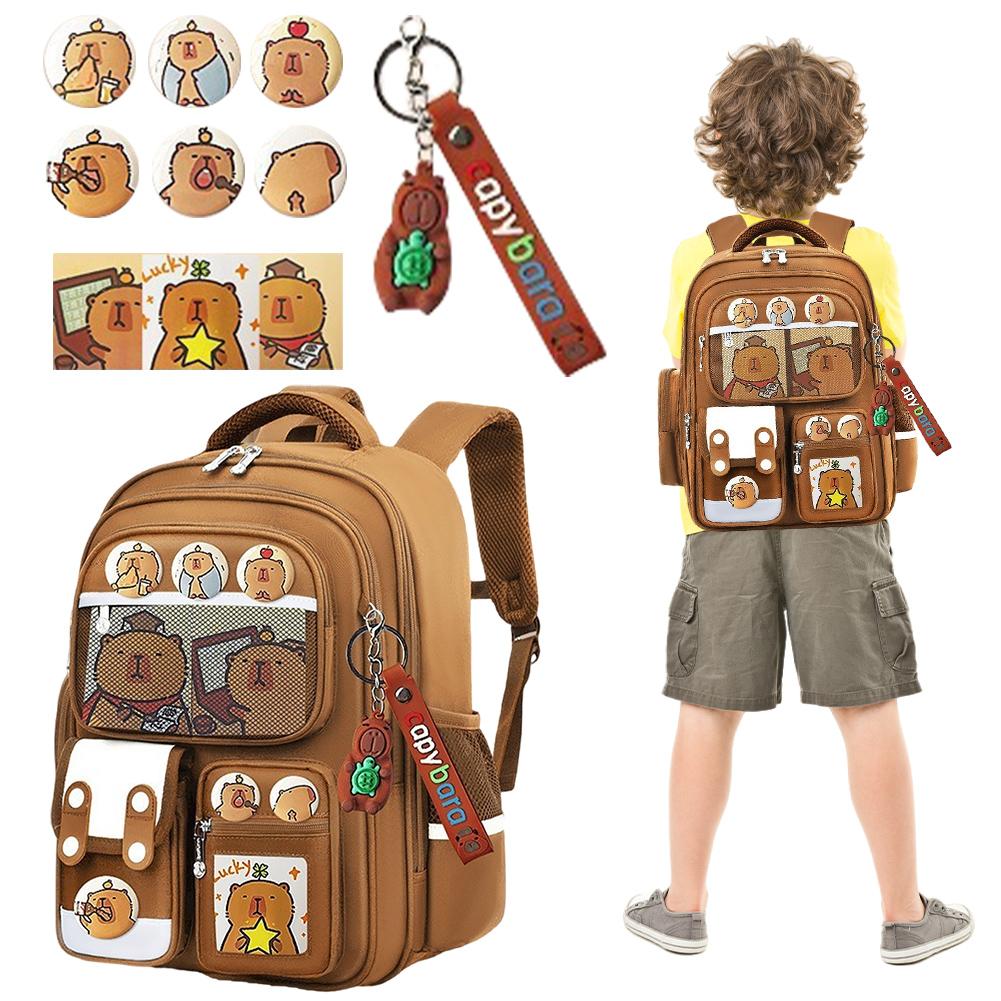 Zaino Capibara per Bambini Protezione Schiena Cartella Scolastica Studente con Portatessere Bambola Impermeabile Grande Capacità Borse per Libri Cartoni Animati