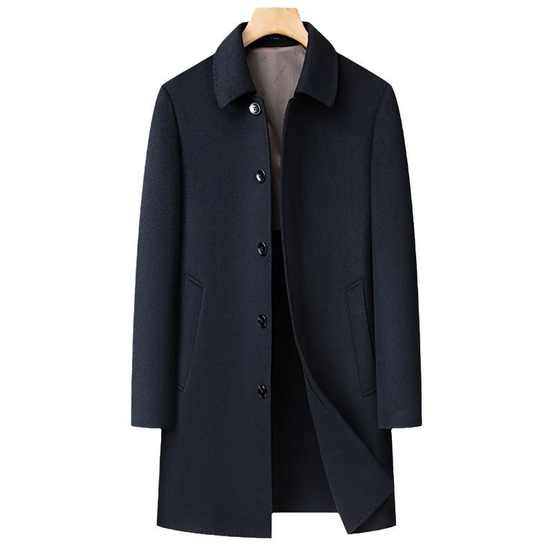 Men's Mid-Length Double-Sided Wool Coat - Business Casual, Solid Color, Versatile Lapel Design
