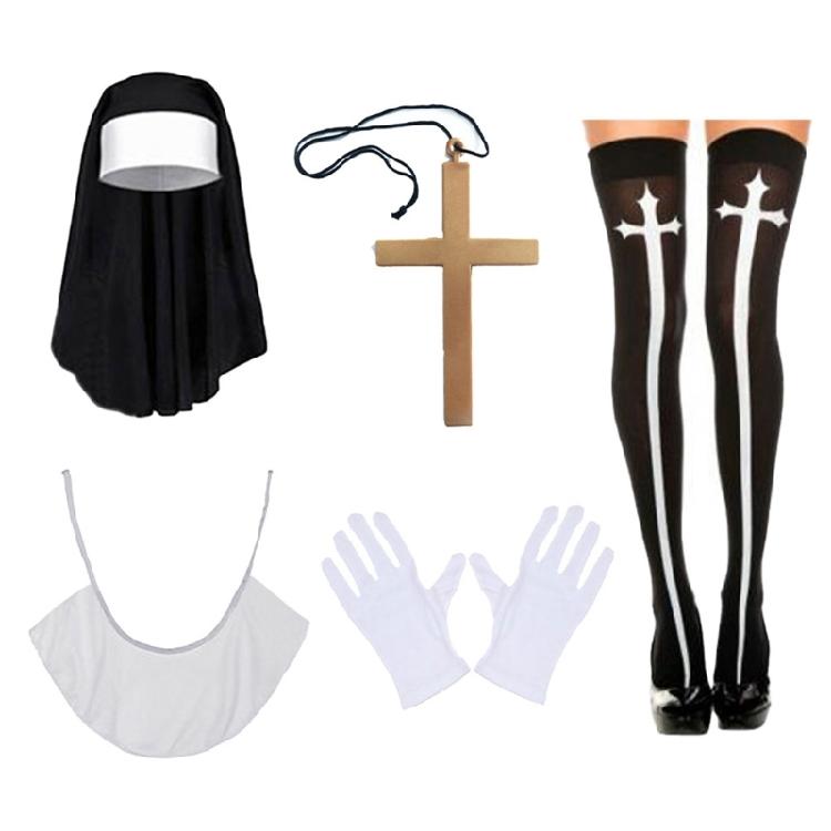 Nun Cosplay Accessories for Women Cosplay Halloween Nun Costume Nun Headpiece Stocking Crossed Pendant Necklace Collar