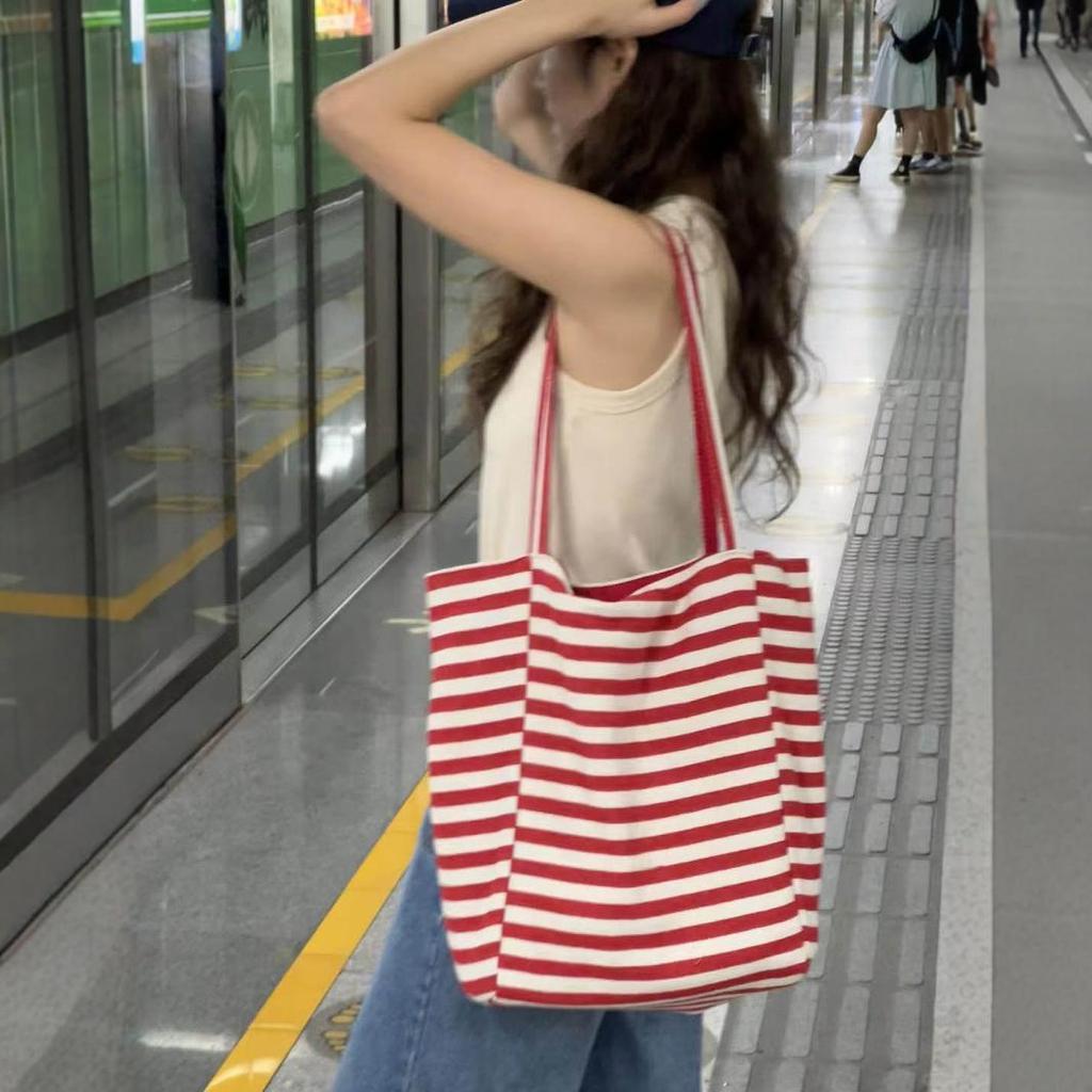 Double-sided striped canvas bag female niche Korean large-capacity lazy wind tote bag student leisure shopping bag bag
