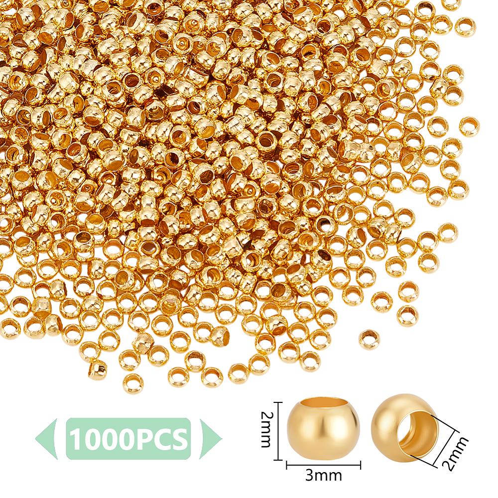 1000Pcs Brass Crimp Beads, Rondelle, Golden, 2x3mm, Hole: 2mm