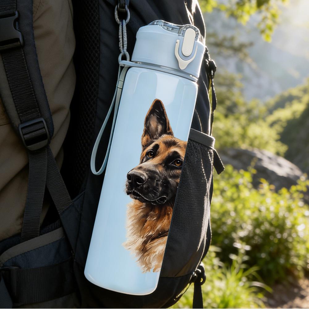 1 Stück Realistische Schäferhund-Büste 750 ml Farbe Kunststoff-Wasserflasche Auslaufsicherer Klappdeckel mit Strohhalm Für Sport, Büro, Heimgebrauch