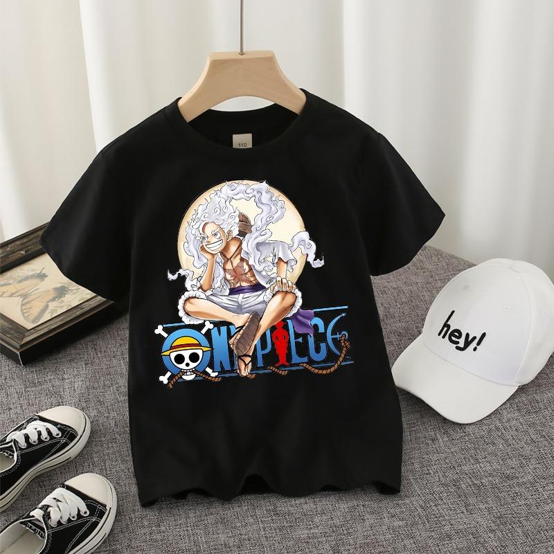 Ones Piece Black T-shirt Cute Game Role Infant Tees O-neck Tops Kids Boy ShortSleeve Anime Streetwear Shirt Child Cotton Clothes