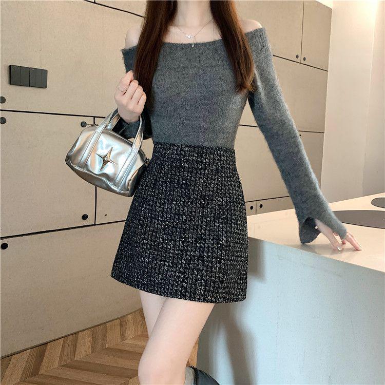 Elegant Autumn & Winter Tweed Petite High-Waisted A-Line Skirt - Lurex Fragrance Style, Hip-Hugging & Anti-Exposure Design