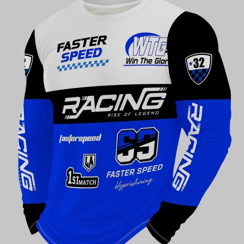 Men's Round Neck T-Shirt / Long Sleeve / Trendy Racing Element Print Top / Individual Letter Pattern Casual Wear