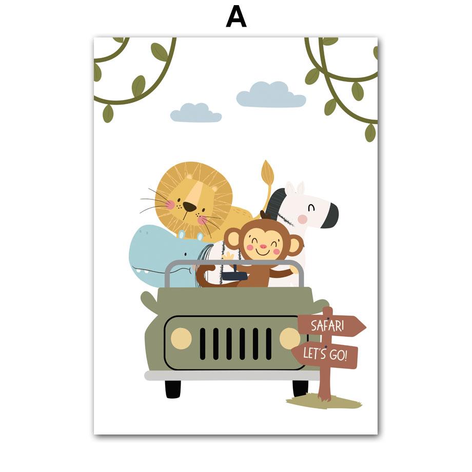 Cute Giraffe Elephant Lion Monkey Car Rainbow Wall Art Canvas Painting Cartoon Posters And Prints Pictures Baby Kids Room Decor