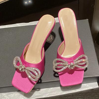 Runway Style Glitter Rhinestones Women Transparent Strange High Heels Slippers Crystal Bowknot Satin Summer Sandals Shoes