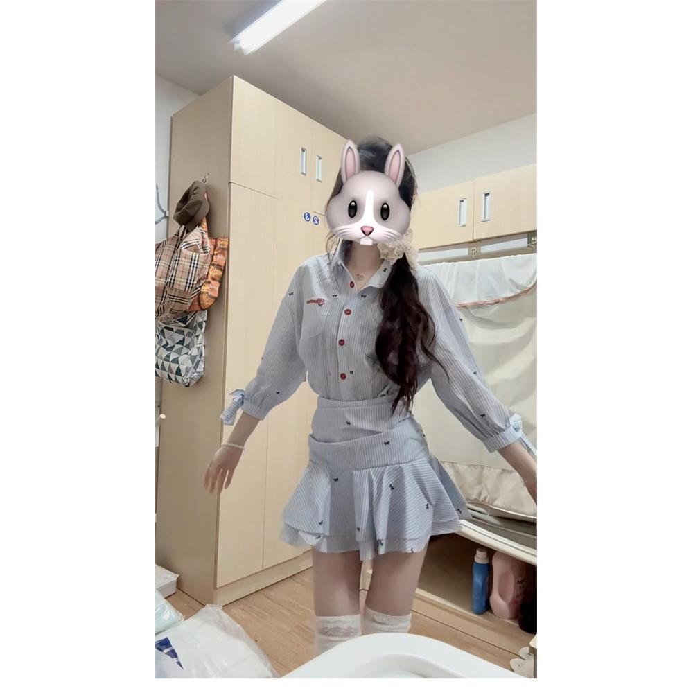 New collegiate style miu blue shirt dress women's early spring temperament casual waist pleated skirt