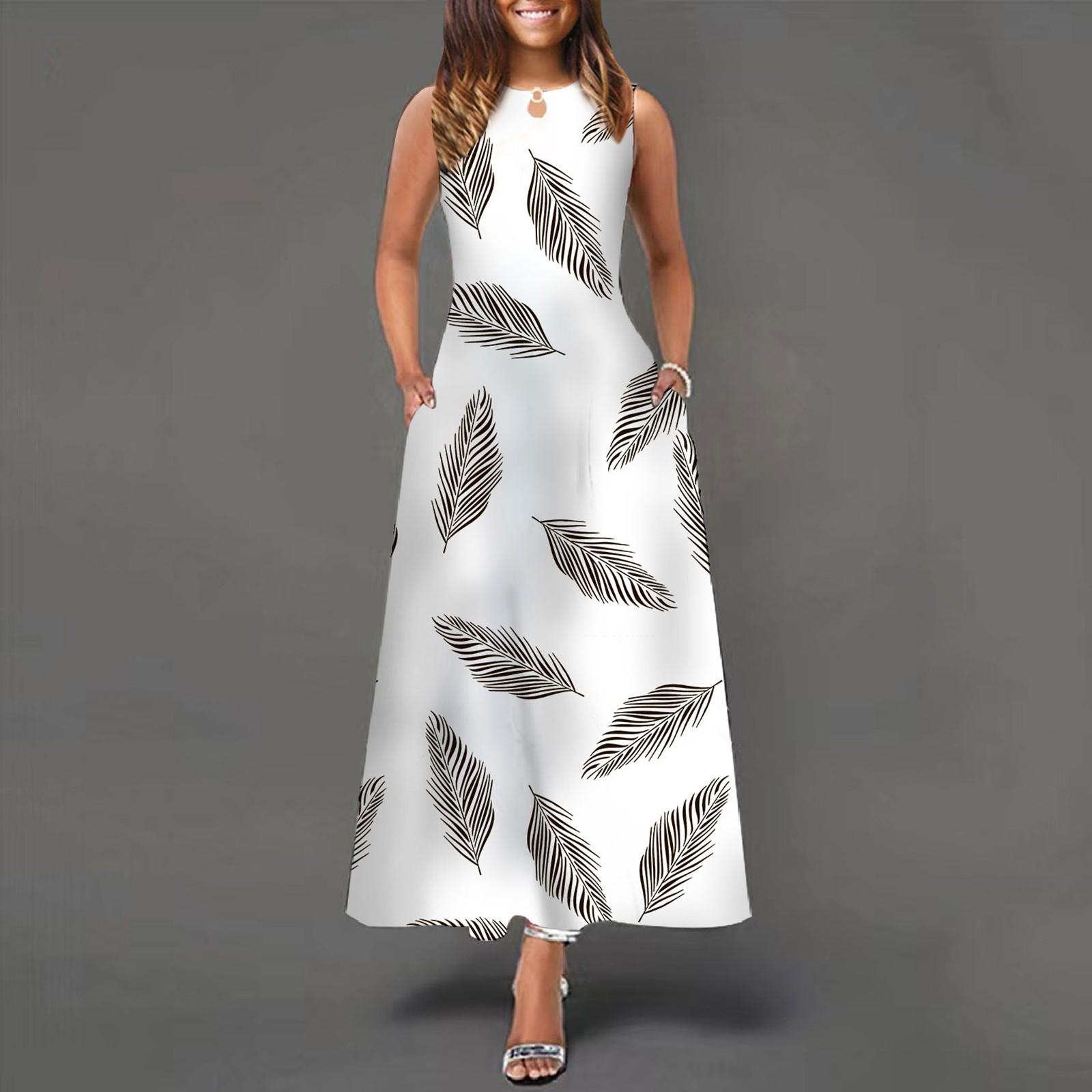 

Women s Casual Printing Big Hem Dresswave Round Neck Sleeveless Long Dress L білий
