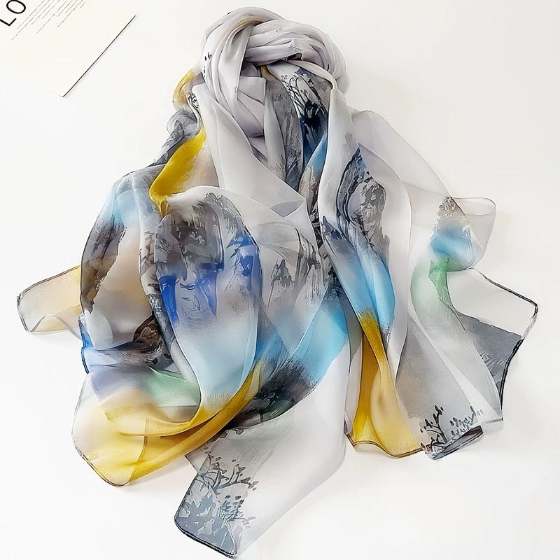 Spring Summer Women Large-size Printed Beach Shawls Muslim Hijabs Travel Thin Sunscreen Scarf/Scarves 100% Silk Beach Scarf