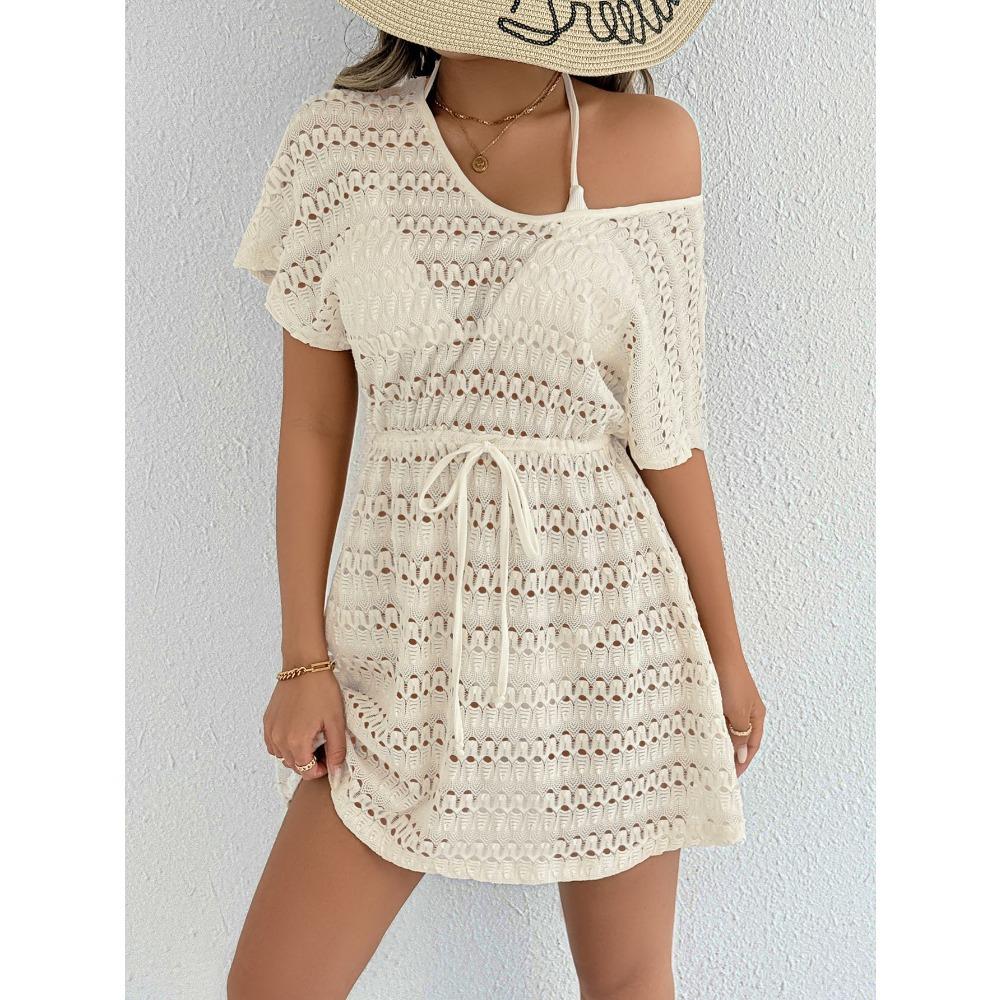 Women's Sheer Lace Camisole Beach Dress with Drawstring Waist and Bow Ties