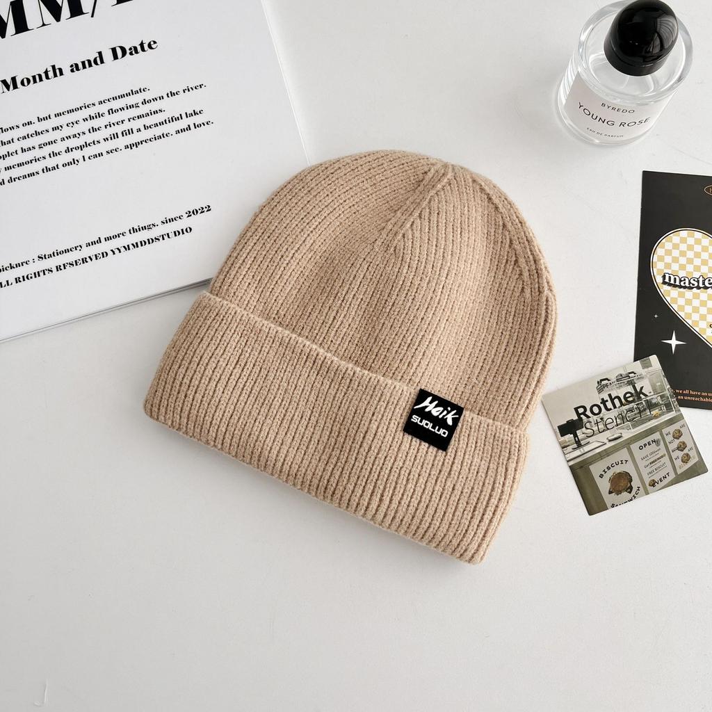 Korean Version of All-match Letter Labeling Flip Hat Brim Wool Hat Windproof Cold Hat Autumn and Winter Warm Knitted Hat Label