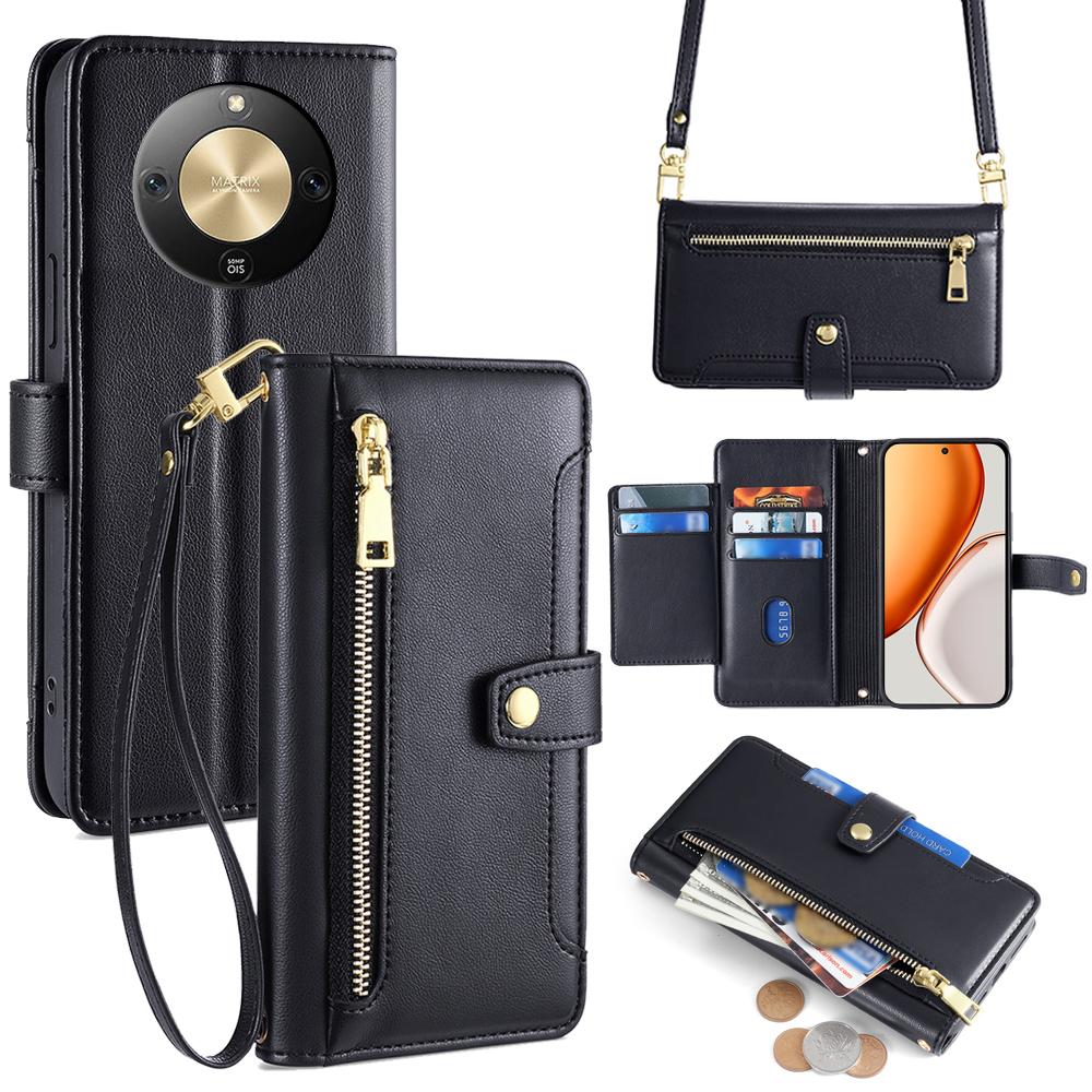 For Honor X70 5G Leather Case Zipper Pocket Wallet Phone Cover with 2 Straps