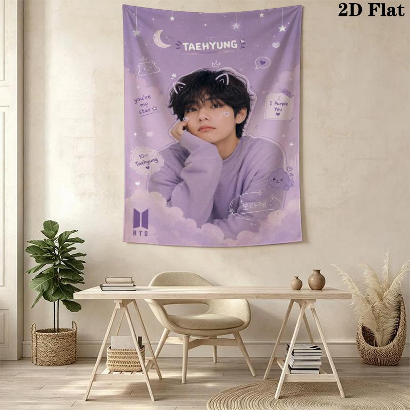 Cute Purple Star Moon Portrait Tapestry, Sweet Cartoon Cloud Decor Wall Hanging for Teen Girl Bedroom