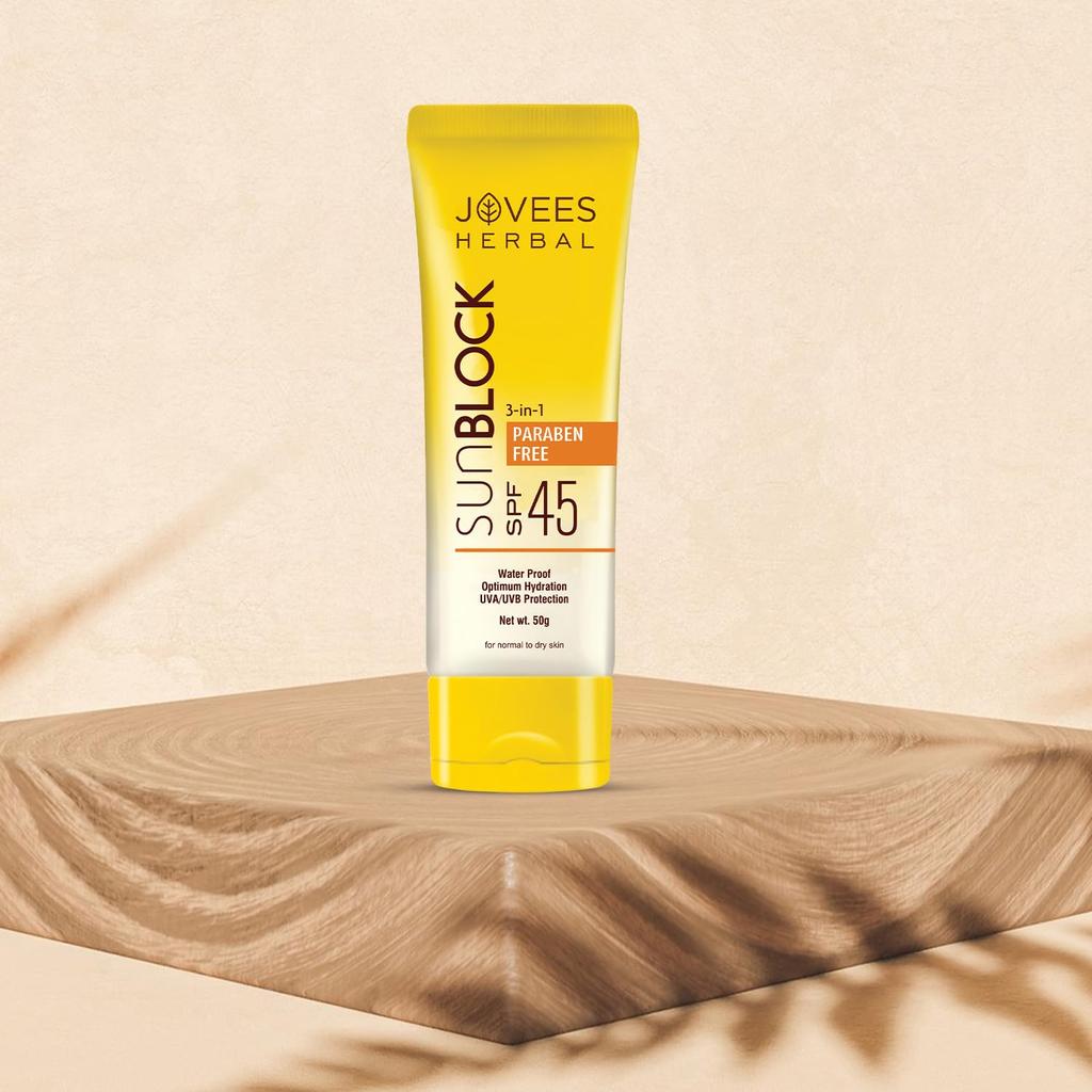 Jovees Herbal Sun Block SPF 45 Sunscreen For Dry Skin  | Broad Spectrum UVA UVB Blue Light Protection | Lightweight Non Greasy Hydrating 50g