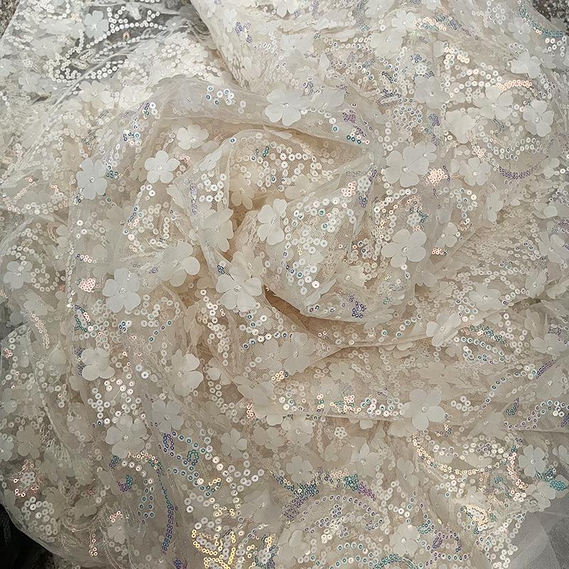 3D Sequin Petal Embroidery Fabric for Wedding Dress, Cheongsam, Hair Accessories, Shoes, Clothing, and DIY Crafts