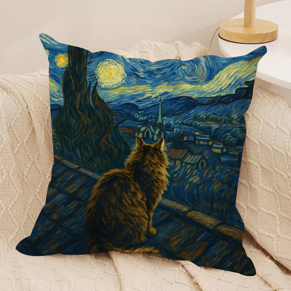 Van Gogh Starry Night Cat Cushion Cover Silky Short Plush Invisible Zipper Dustproof Sofa Pillow Case For Home Decor