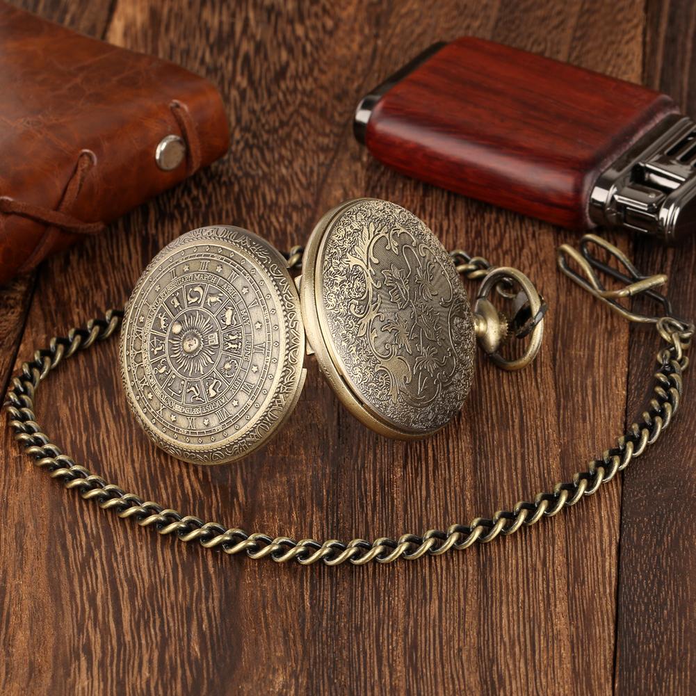 Vintage 12 Burç Bronz Kuvars Cep Saati Arap Rakamlı Kadran Kolye Ucu Zincir Cep Saati Retro Unisex Hediye