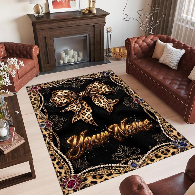 Leopard Theme Crystal Velvet Floor Rug Personalized Custom Name Text Warm Carpet Home Decoration