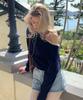 LETTER FROM MOON Faye Lace One-Shoulder Cashmere Knit (Navy)
