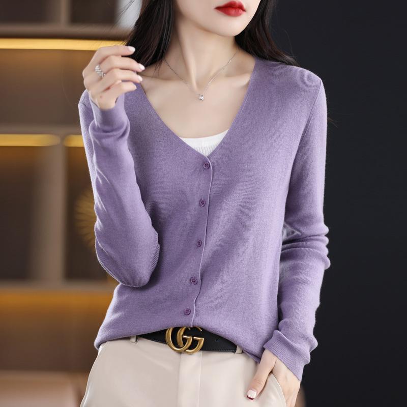 Women's 100% Pure Wool V-Neck Cardigan - Solid Color, Button-Up, Loose Fit Knitwear