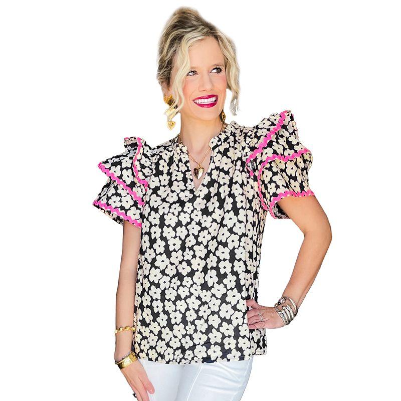 

Fashion Personalized Minority Layered Ruffles Chiffon Shirt for Women 2025 Summer Thin Breathable V Neck Short Sleeve Tops Women Black S code fits (45.00 kg-55.00 kg