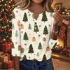 Women's Casual Christmas Print V-Neck Button-Front Three-Quarter Sleeve T-Shirt Top