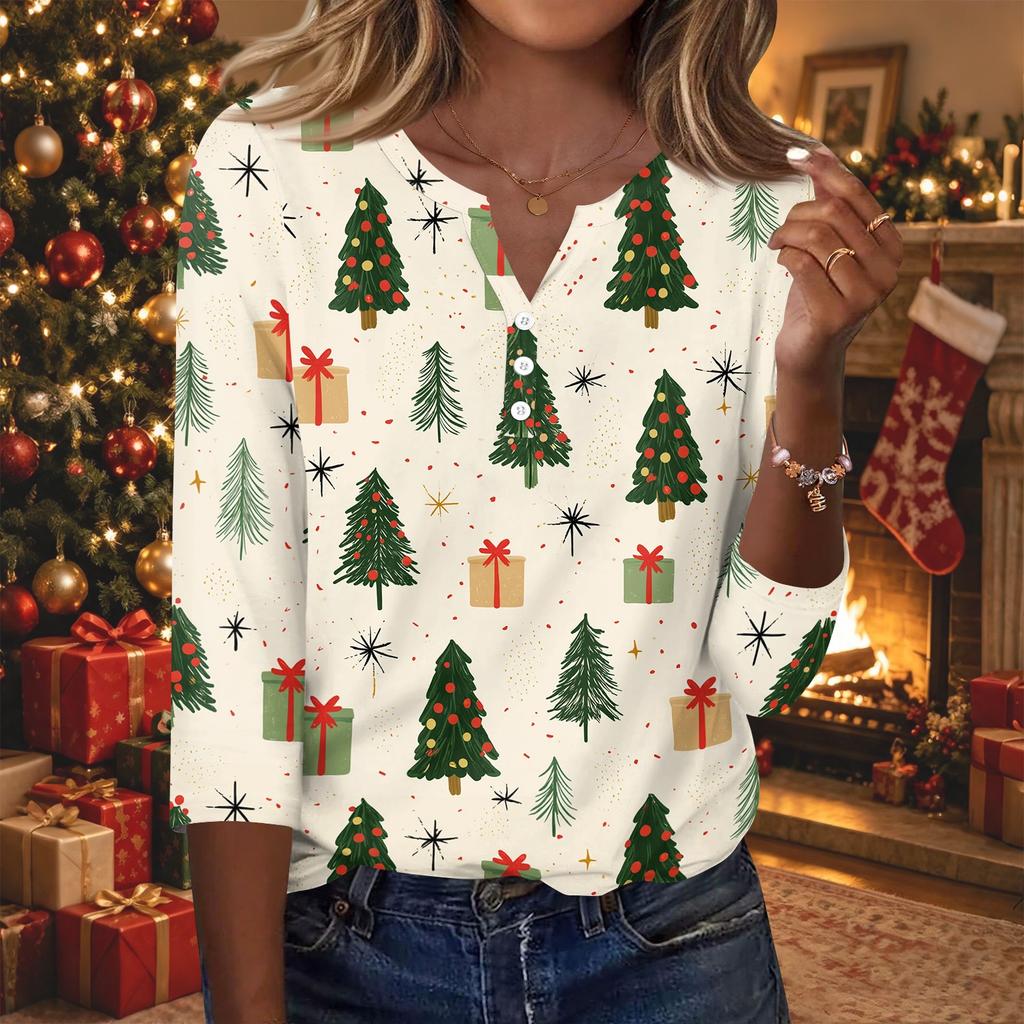 Women's Casual Christmas Print V-Neck Button-Front Three-Quarter Sleeve T-Shirt Top