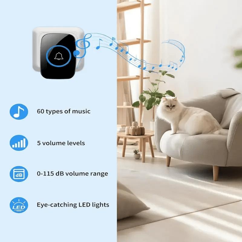 Waterproof Wireless Doorbell Kit for Home Use, Adjustable Volume, 5 Levels of Volume, 60 Ring Tones, Easy To Use, with LED Indicator