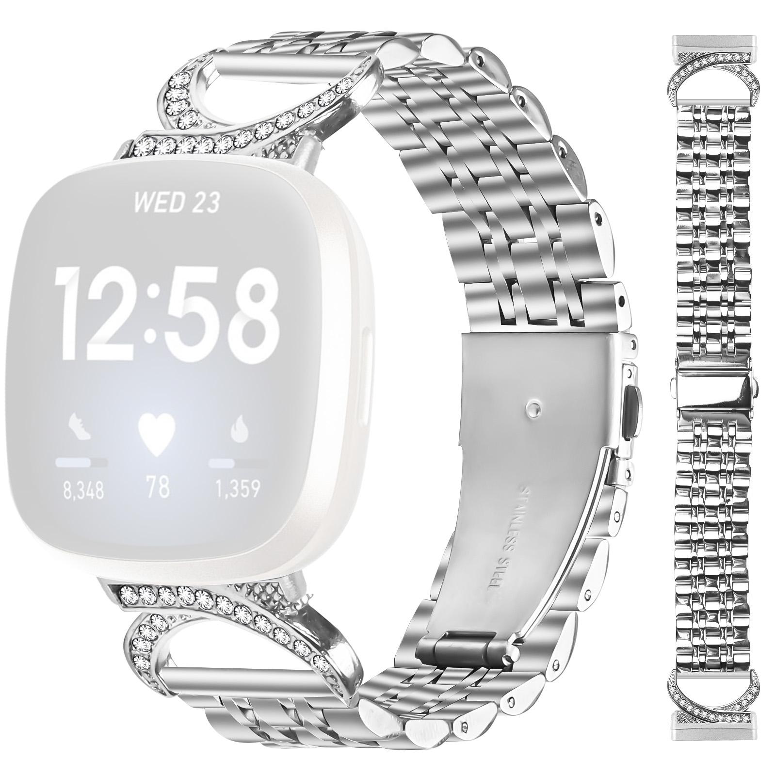 For Fitbit Versa 4/Sense 2 Watch Band Seven Bead Stainless Steel Strap with Rhinestone Ox Horn Style Connector