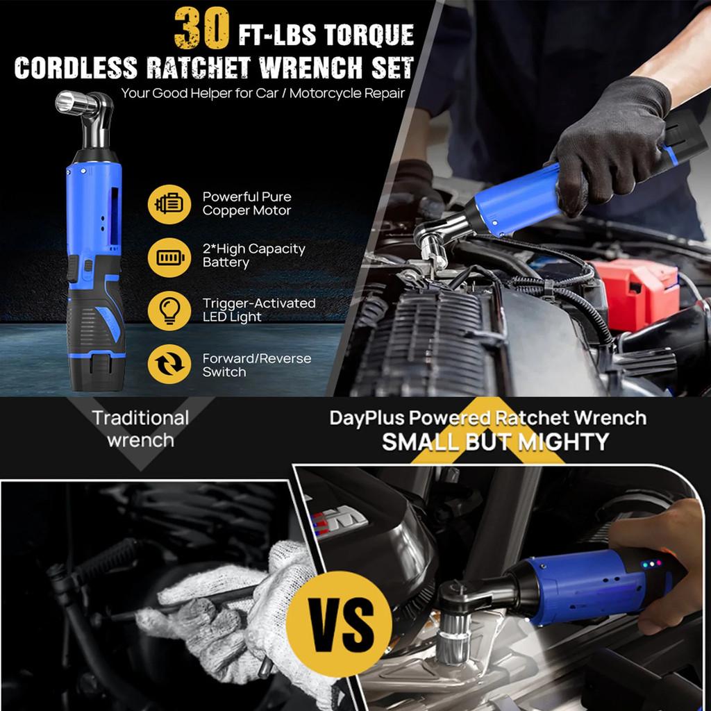 30FT-LBS Torque Cordless Electric Wrench Set Rechargeable 3/8'' 90° Ratchet Angle Wrench Car Bicycle Repairing Power Tool