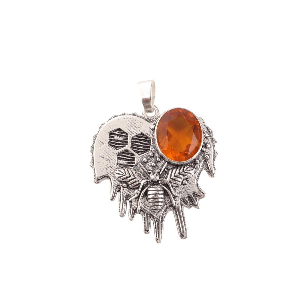 Natural Citrine Gemstone 925 Sterling Silver Jewelry Oxidized Bee Pendant 1.49" CP-28-1