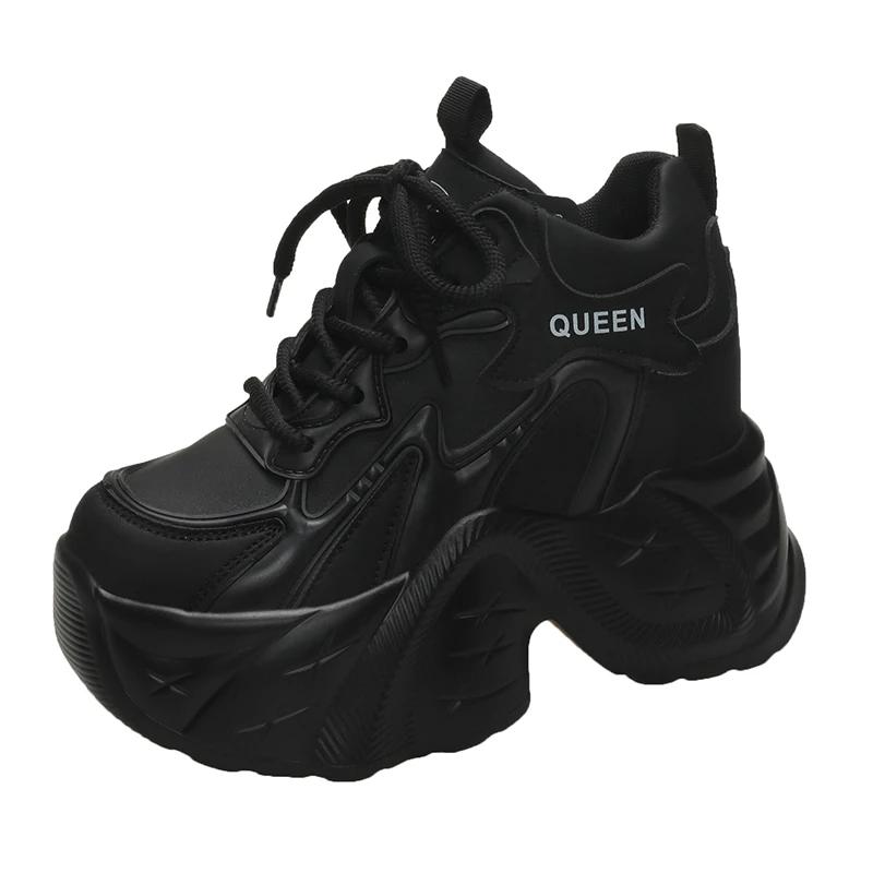 

Fashion 2025 Bling Chain Chunky Sneakers New Designer High Top Platform Casual Shoes Females Spring 11CM Wedge Heels Sport Leather Shoes 39 чорний