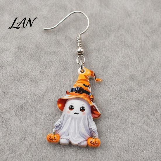 Pumpkin And Bat Earrings 1 Pair Halloween Cute Ghost Earrings, Acrylic Dangle with Witch Anti-rust Metal Hat Bat, Anti-Rust Hooks, Playful Accessories