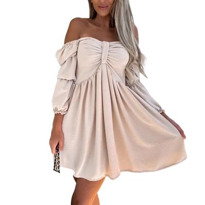 Women Mini Dress Off Shoulder Loose Hem High Waist Bubble Sleeves A-line Solid Color Soft Pleated Lady Beach Prom Dress
